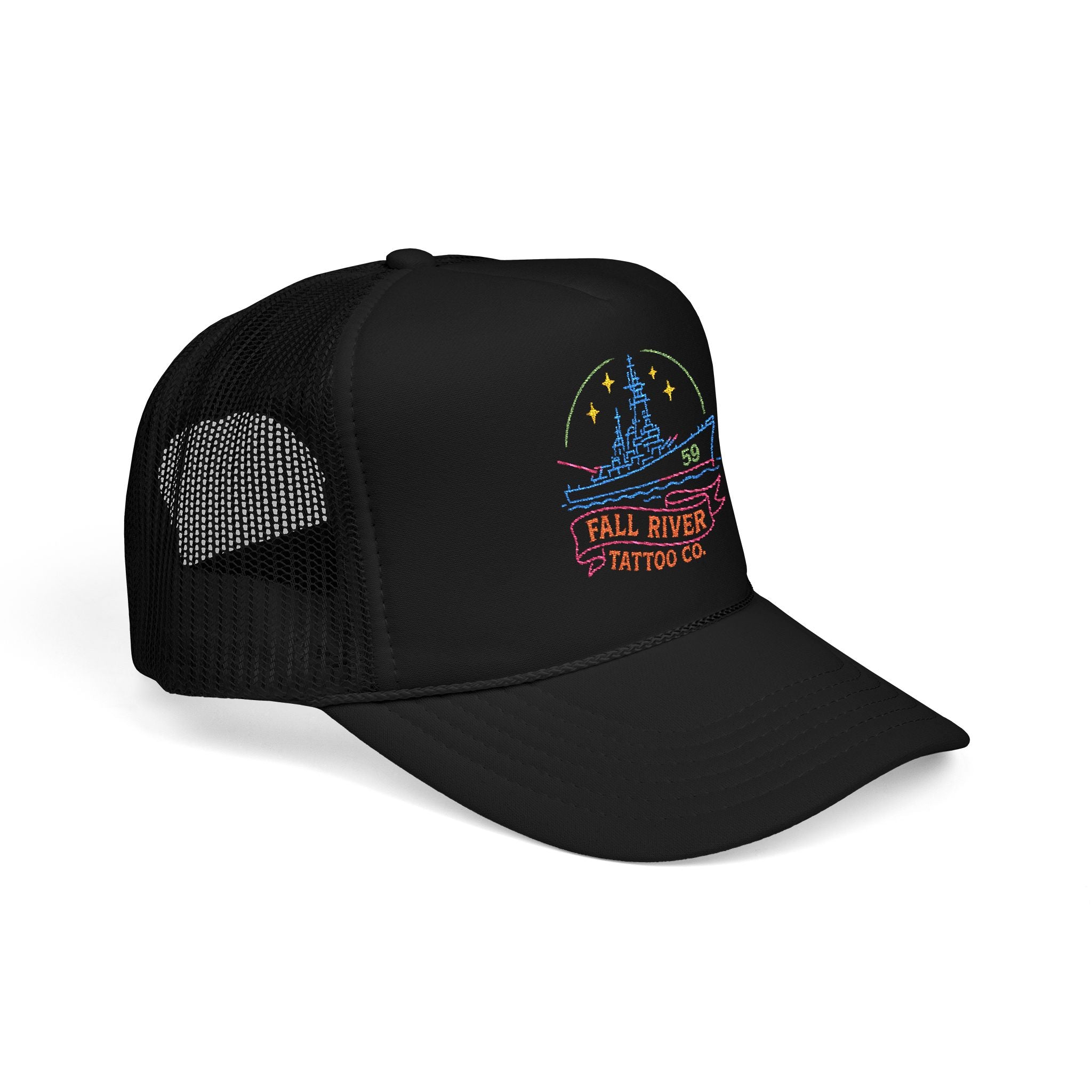 Embroidered Foam Trucker Hat - Fall River Tattoo Co., Adjustable Outdoor Cap, Unique Gift for Him, Trendy Streetwear Headwear