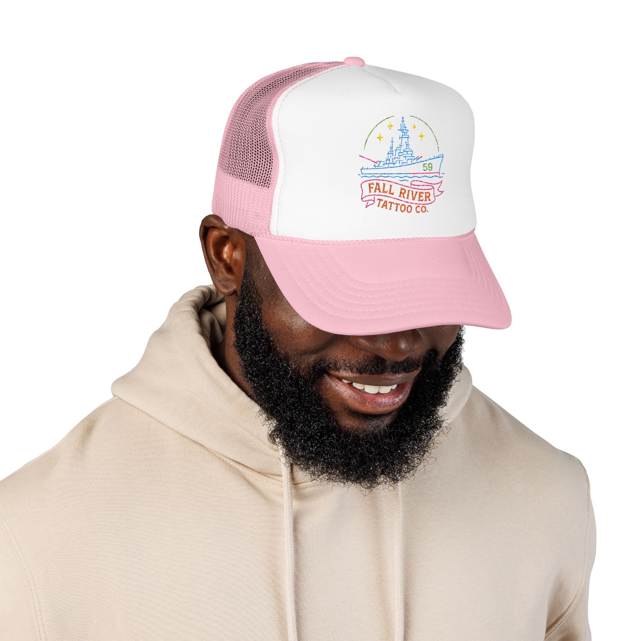 Embroidered Foam Trucker Hat - Fall River Tattoo Co., Adjustable Outdoor Cap, Unique Gift for Him, Trendy Streetwear Headwear