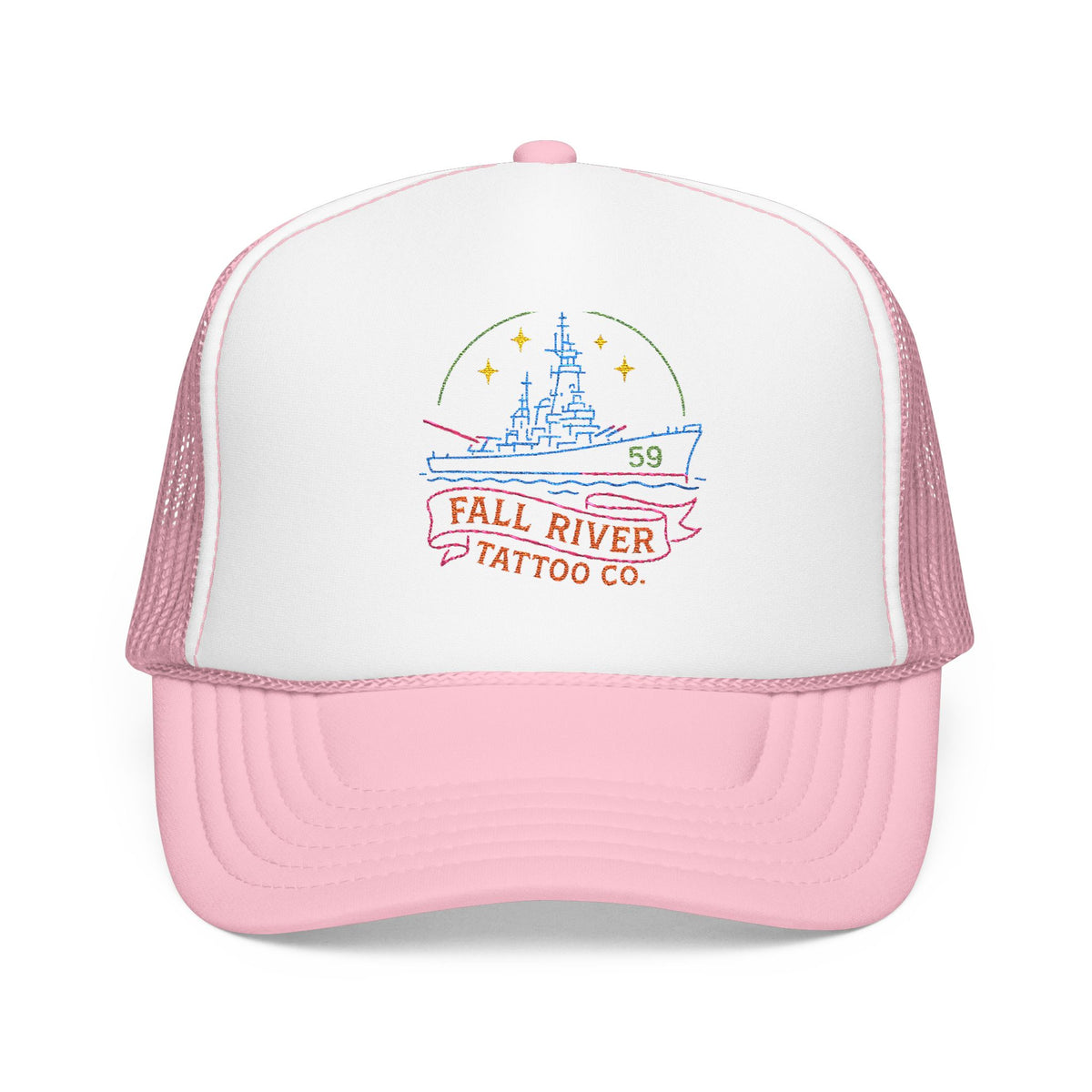 Embroidered Foam Trucker Hat - Fall River Tattoo Co., Adjustable Outdoor Cap, Unique Gift for Him, Trendy Streetwear Headwear