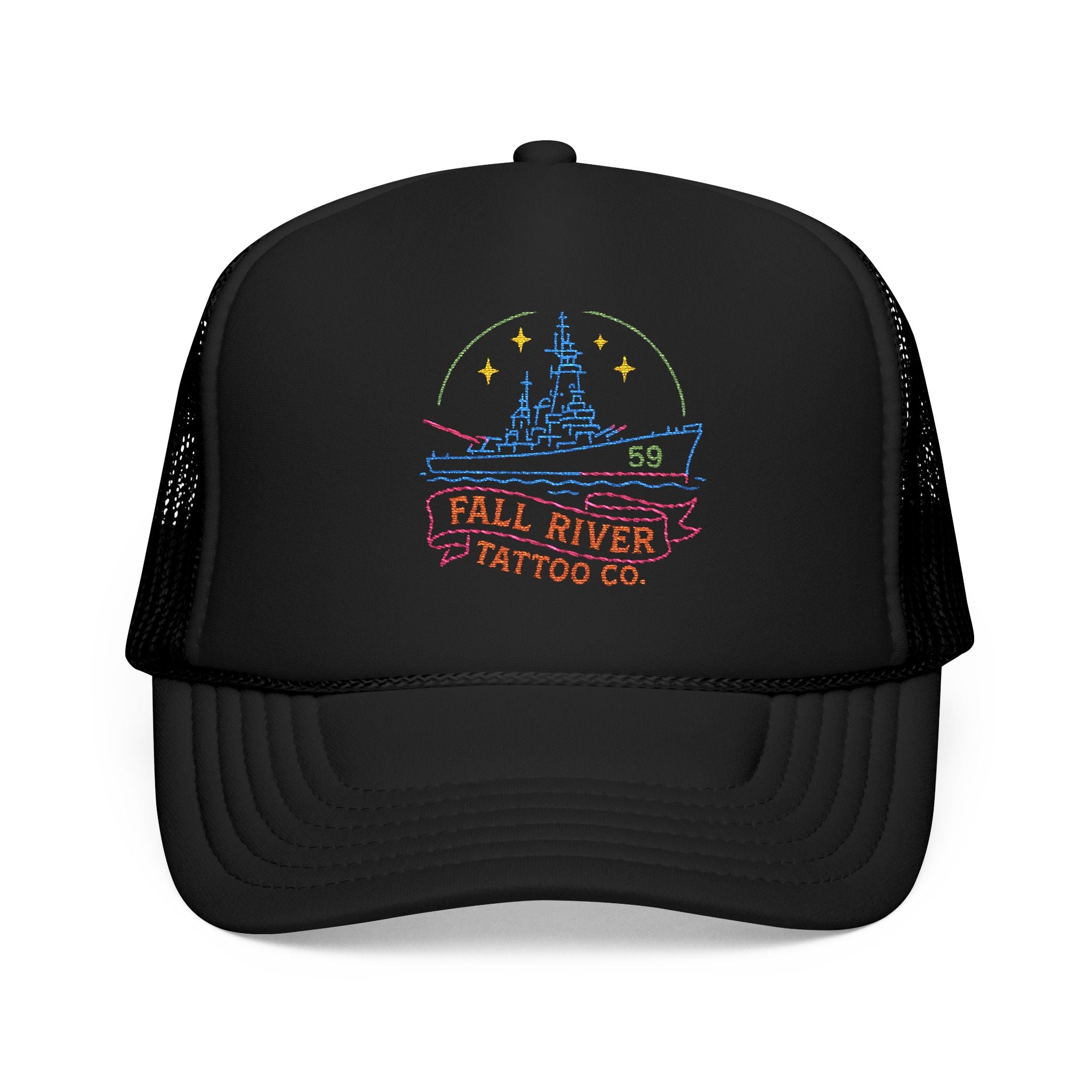 Embroidered Foam Trucker Hat - Fall River Tattoo Co., Adjustable Outdoor Cap, Unique Gift for Him, Trendy Streetwear Headwear
