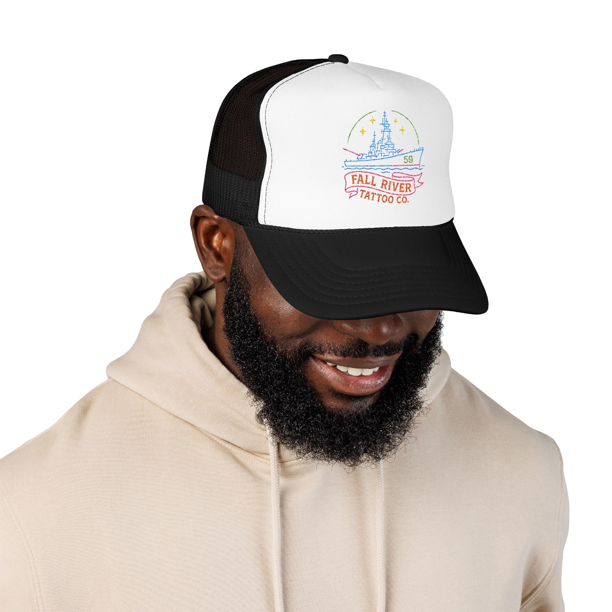 Embroidered Foam Trucker Hat - Fall River Tattoo Co., Adjustable Outdoor Cap, Unique Gift for Him, Trendy Streetwear Headwear
