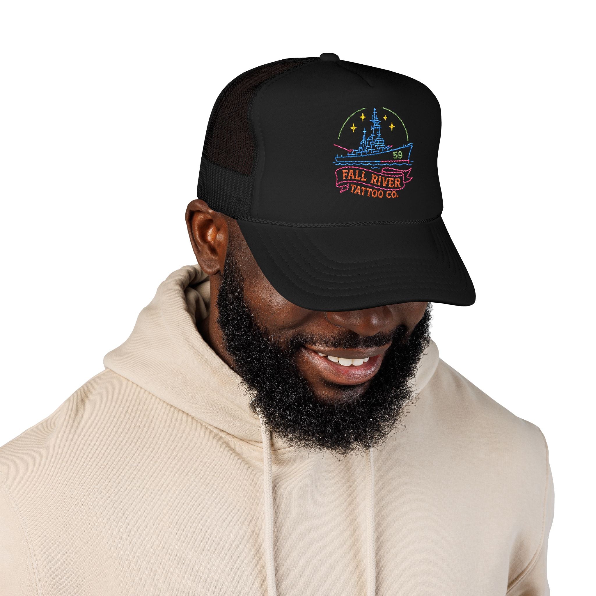 Embroidered Foam Trucker Hat - Fall River Tattoo Co., Adjustable Outdoor Cap, Unique Gift for Him, Trendy Streetwear Headwear